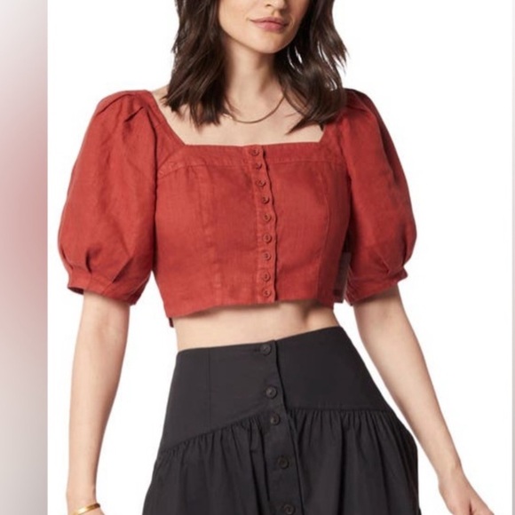 Puff sleeve linen cropped top - Picture 2 of 4